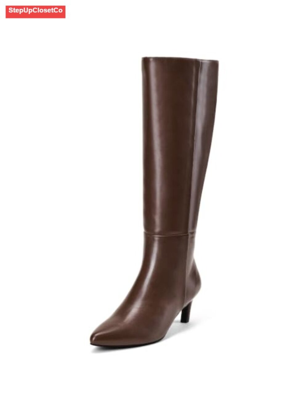 Women's Knee High Boots Kitten Heel Pointed Toe Tall Vegan Leather Side Zipper